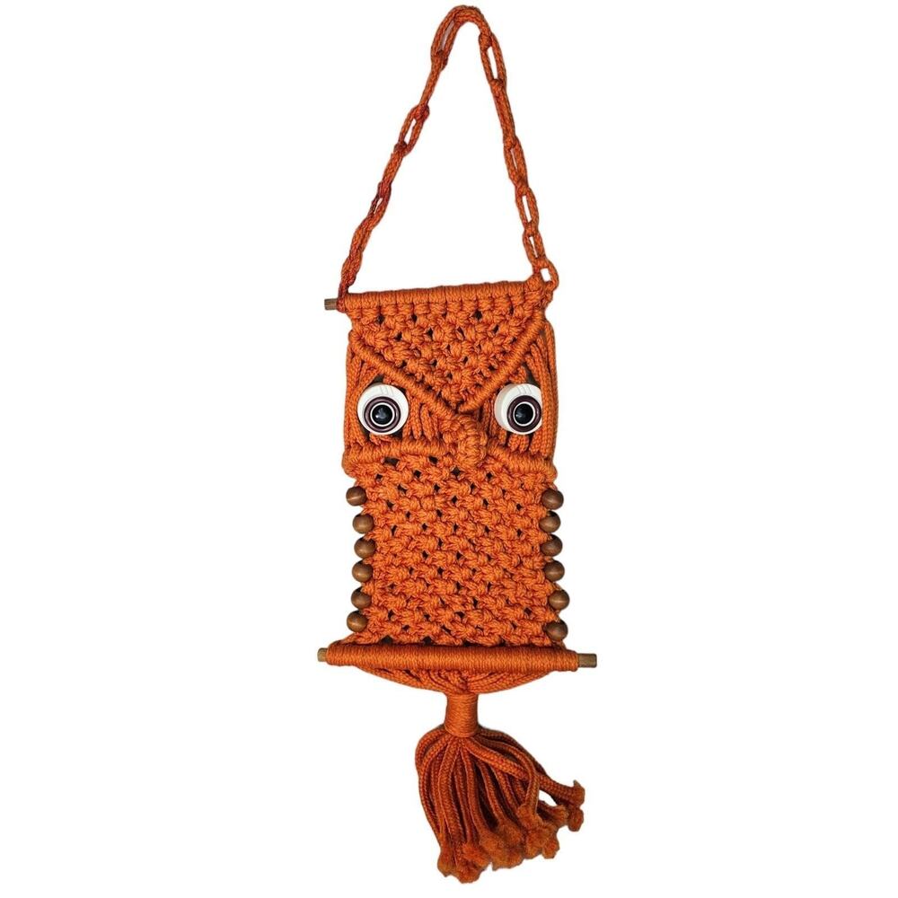 Vintage 1970s Orange Macrame Owl Wall Hanging Retro Wood Beads Boho Fall Decor